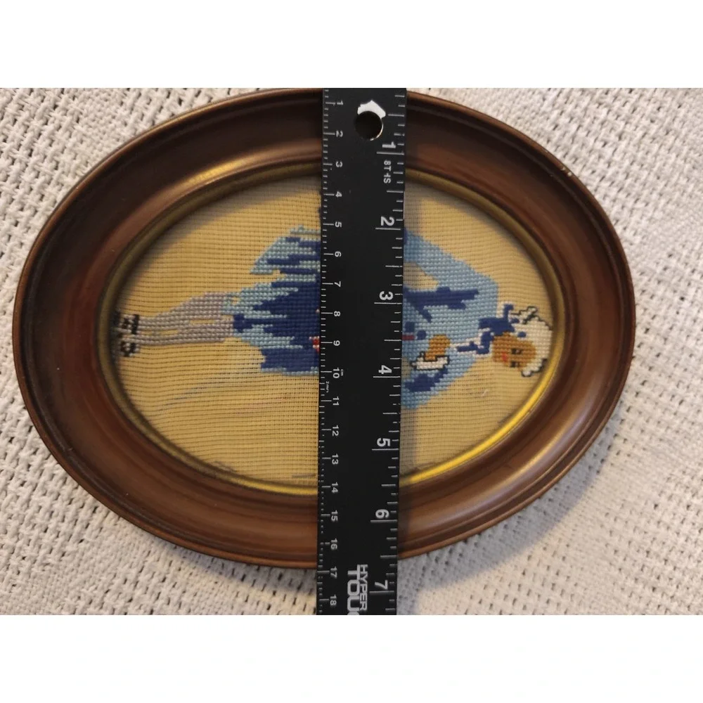 Vintage Framed Needlepoint Colonial Couple Wall Art Set Pair Oval Frames